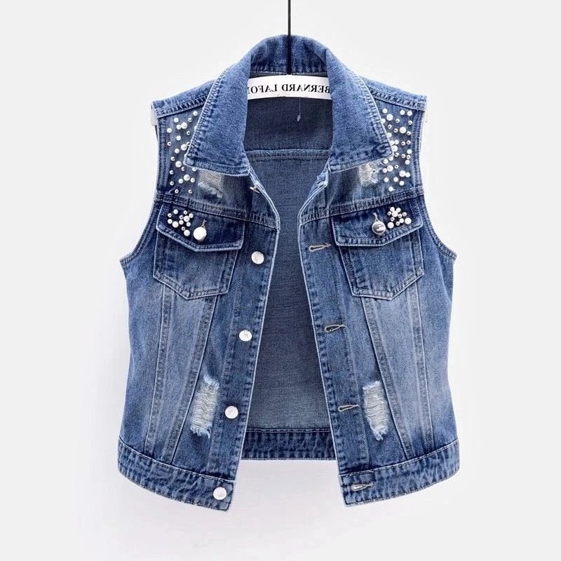 Stylish Pearl Denim Vest for Women