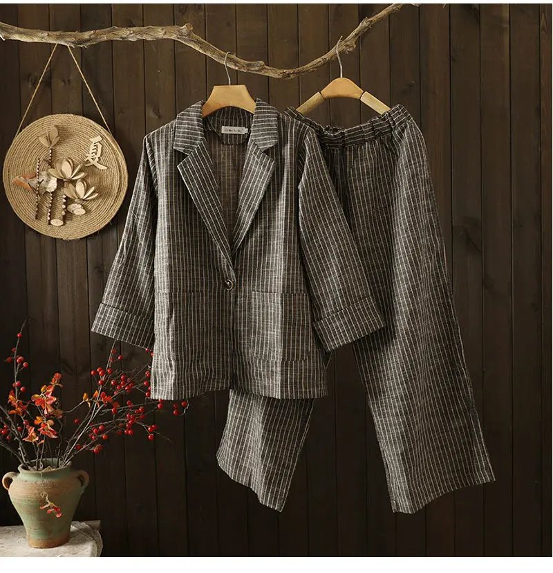 Chic Striped Cotton Linen Pants Set