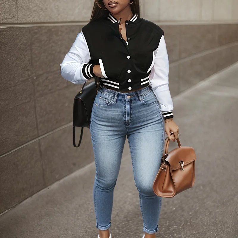 Stylish Color Block Baseball Jacket