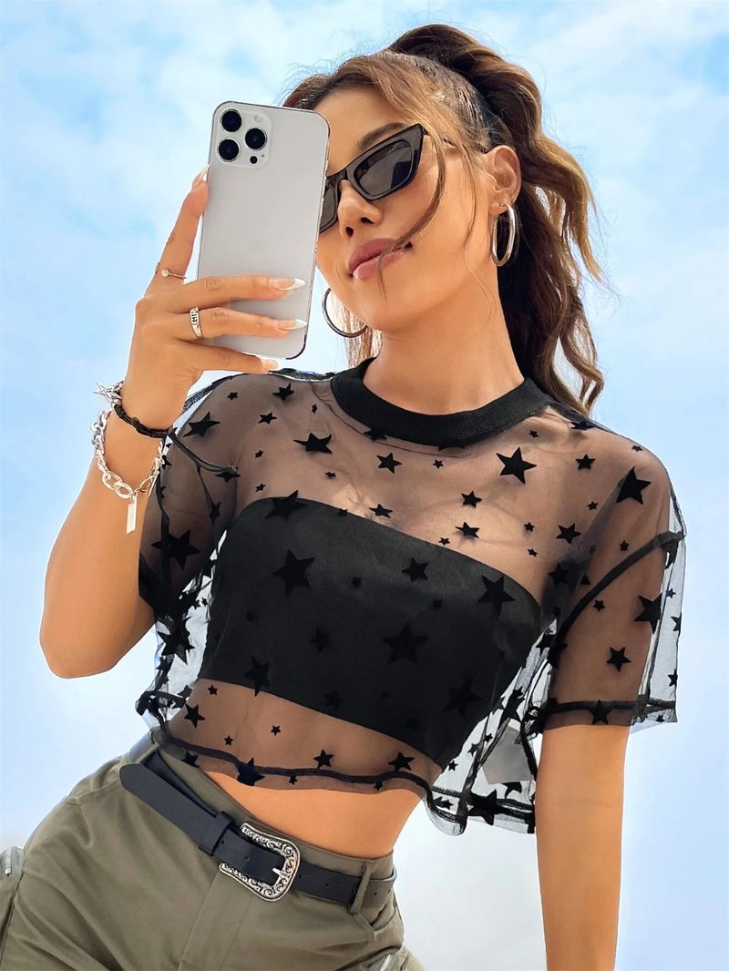 Y2K Heart Print Sheer Crop Top