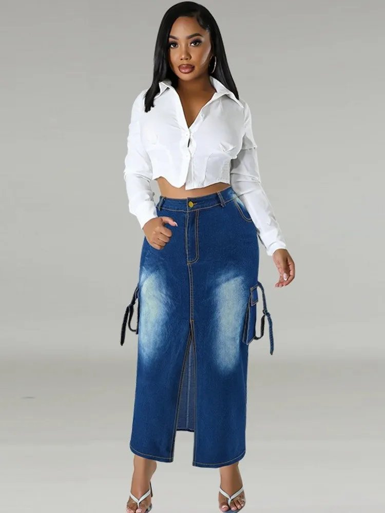 Plus Size High Waist Denim Skirt