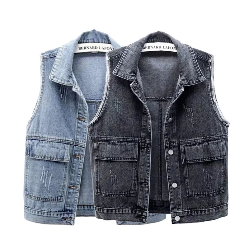 Vintage Frayed Denim Vest Jacket