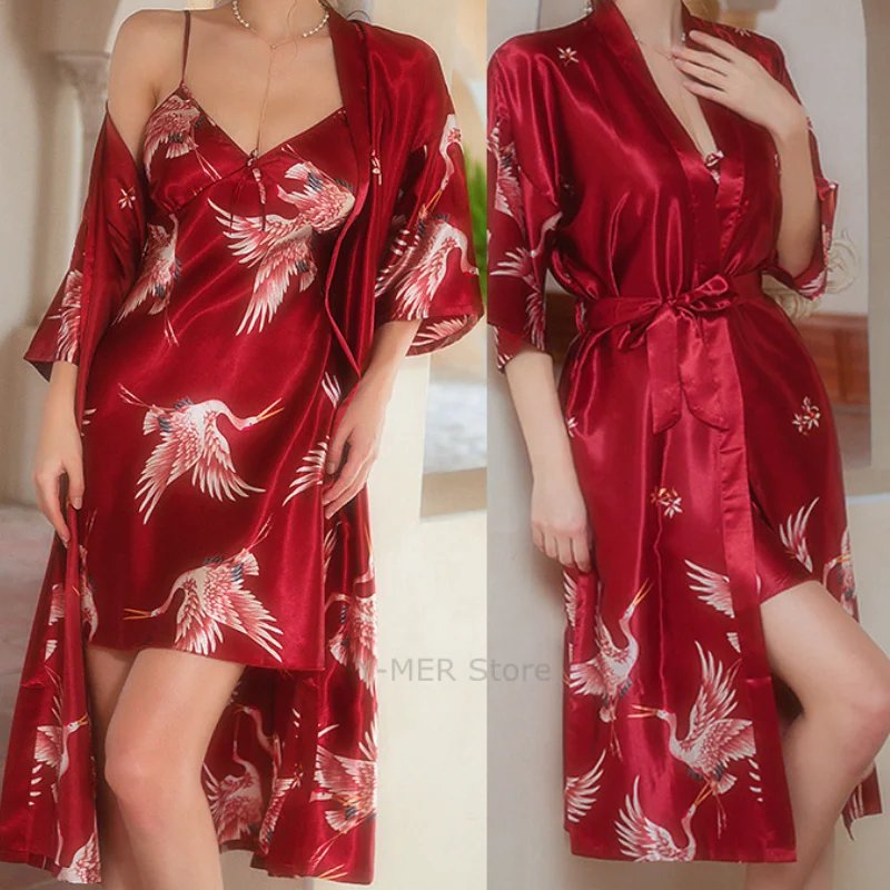 Elegant Burgundy Satin Kimono Set