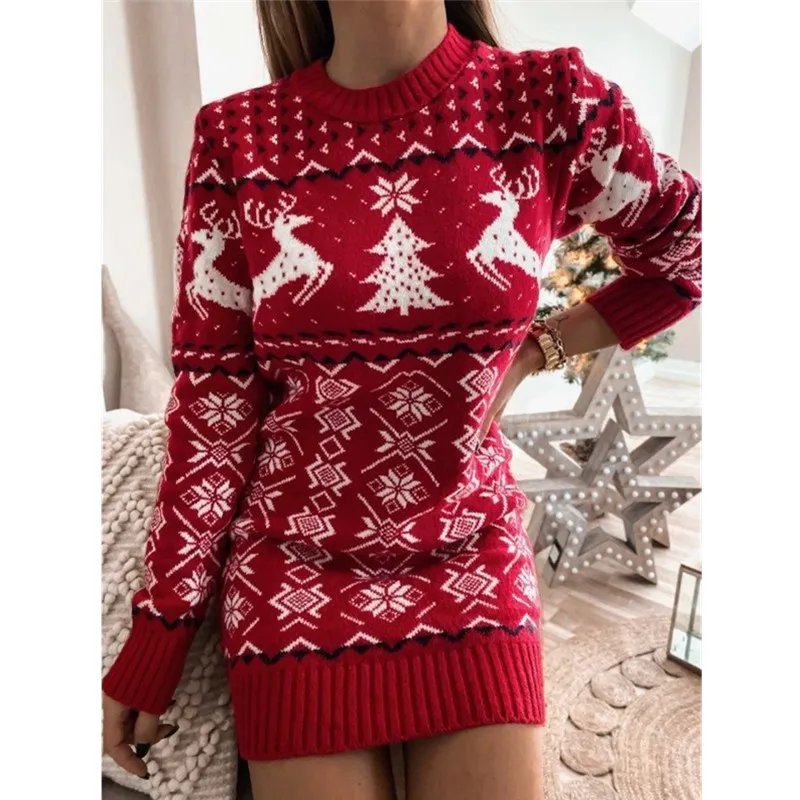Festive Elk Knit Sweater Dress