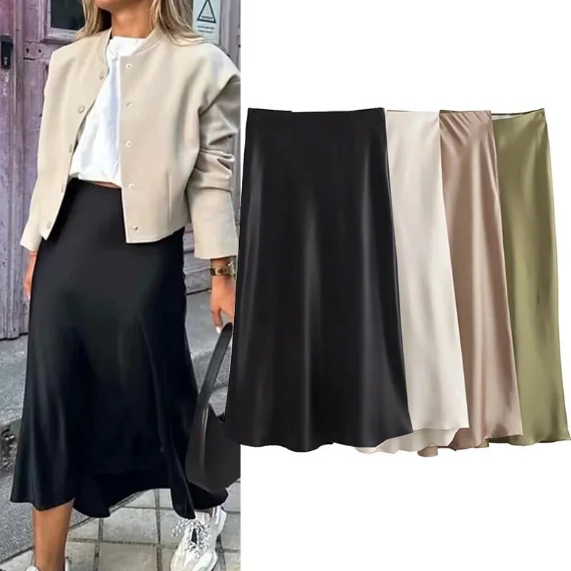 Elegant Black Satin Midi Skirt