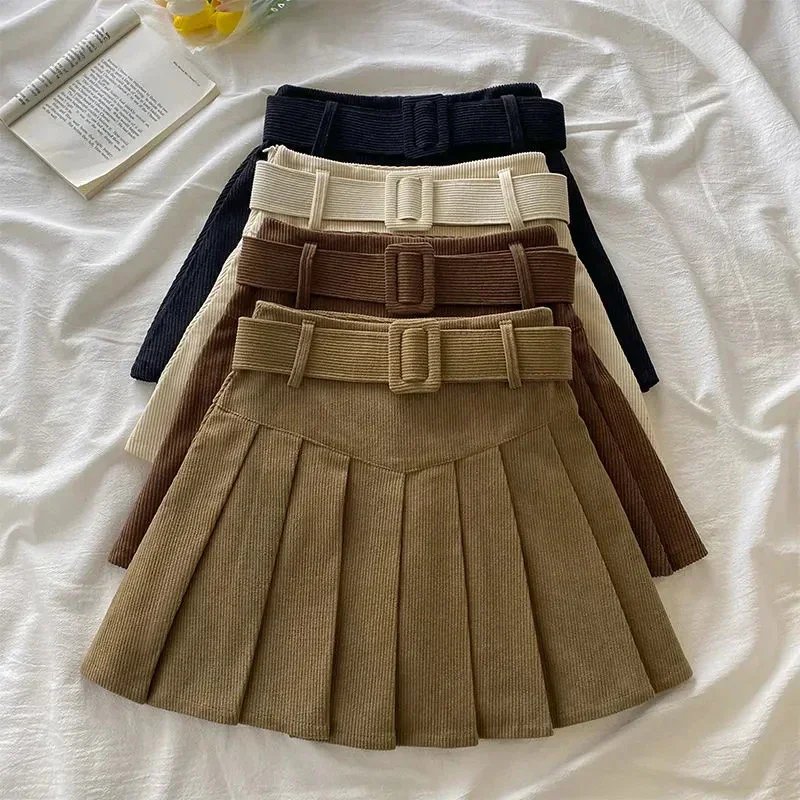 Corduroy Pleated Mini Skirt with Belt