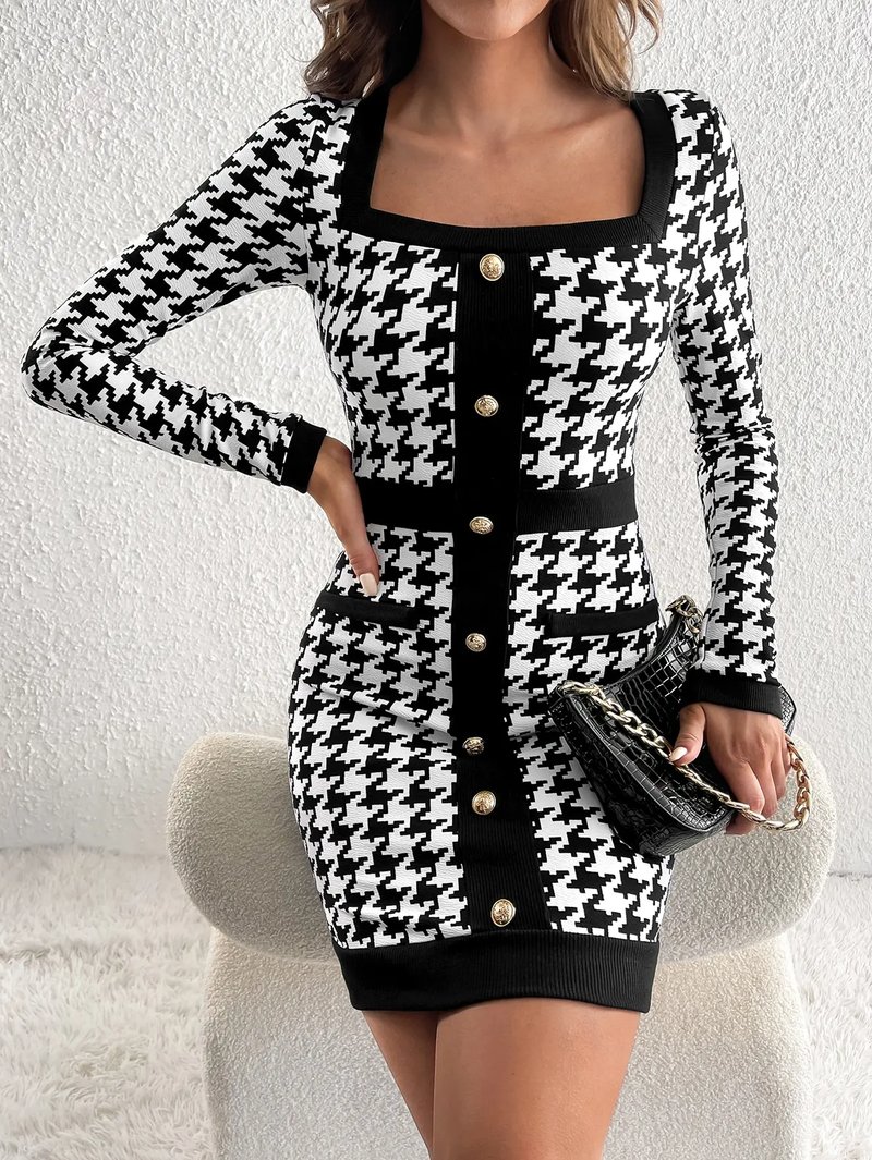 Elegant Square Collar Plaid Dress