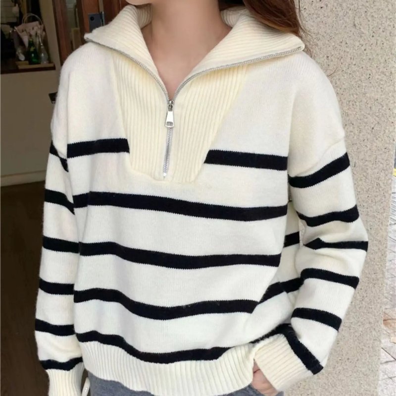 Trendy Zipper Stripe Sweater