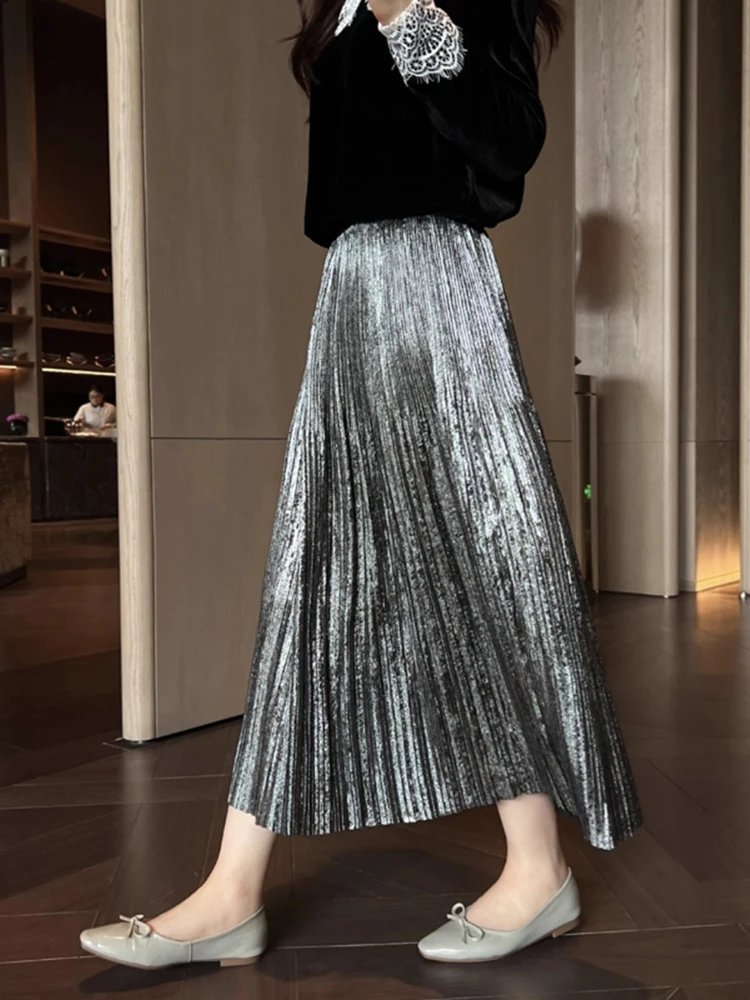 Elegant Metallic Silver Midi Skirt