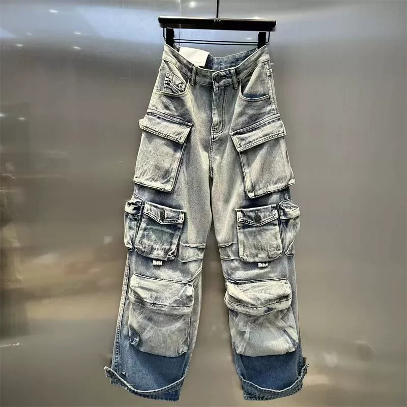 High-Waisted Distressed Cargo Jeans