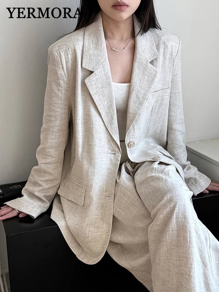 Chic Apricot Linen Blazer Set
