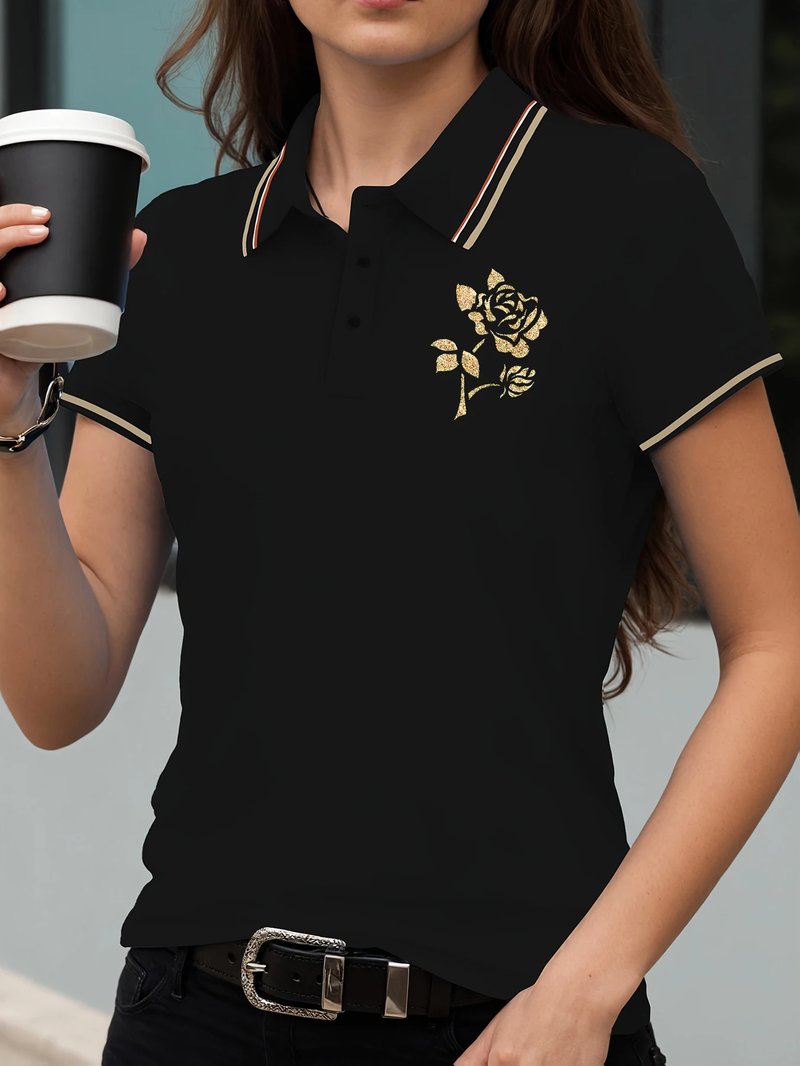 Elegant Rose Print Polo Shirt