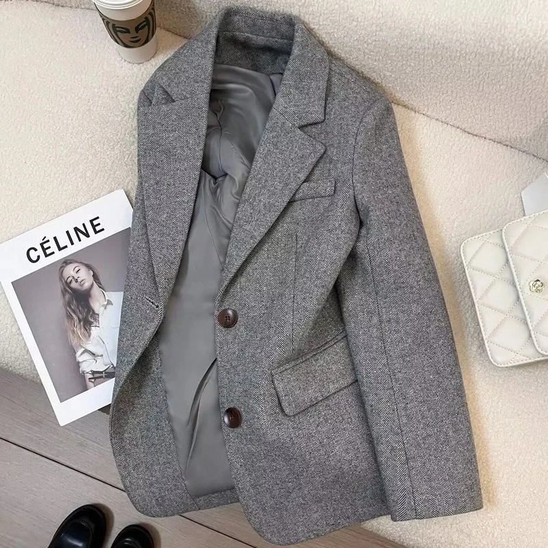 Women's Grey Herringbone Wool Suit Jacket