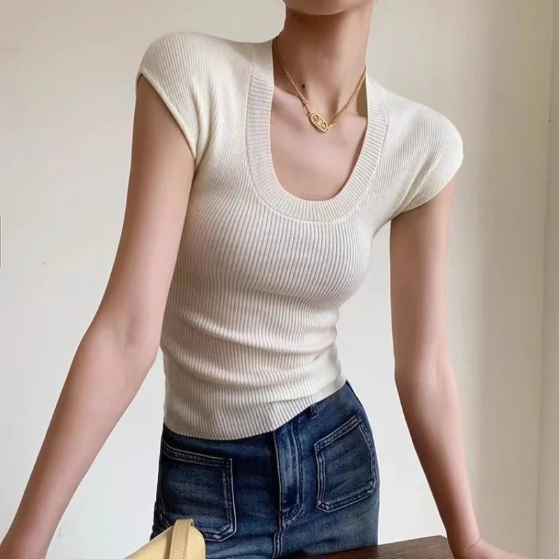 Summer U-Neck Ribbed Sweater