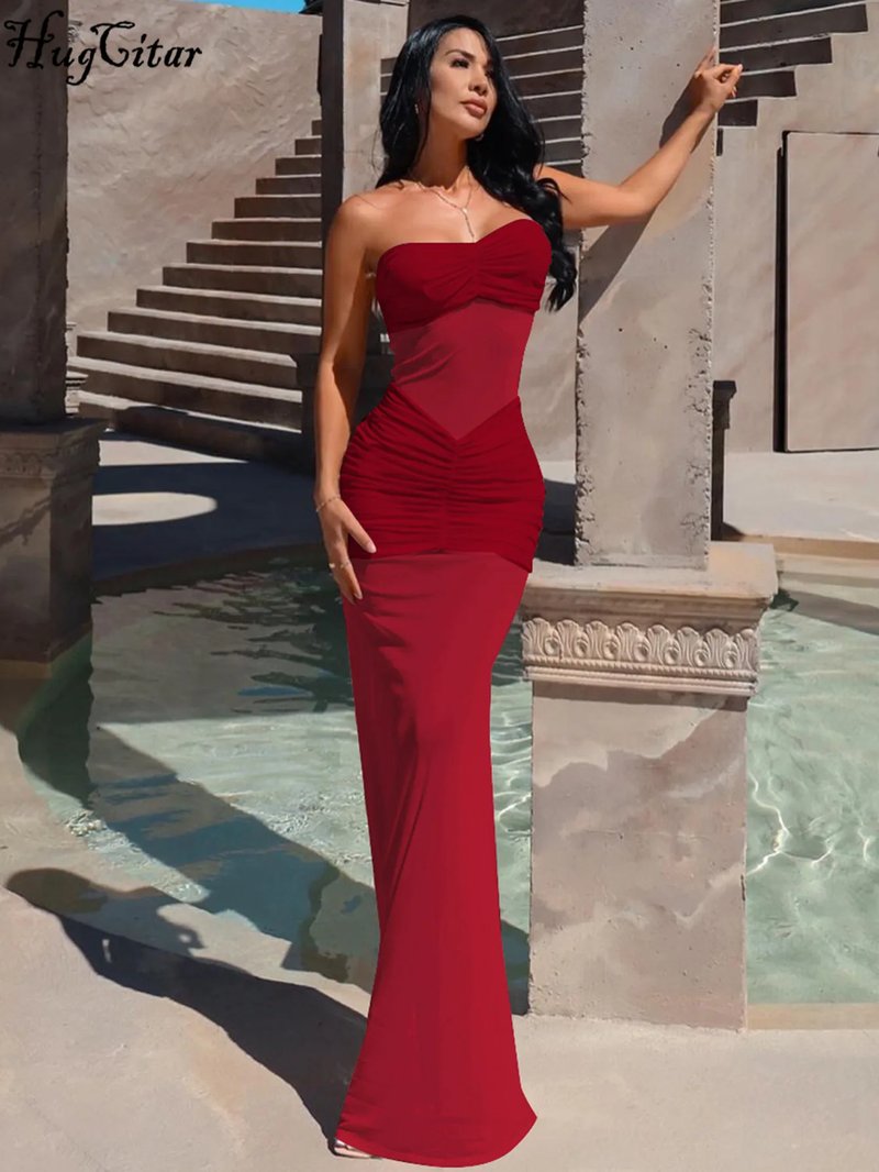 Elegant Strapless Mesh Maxi Dress