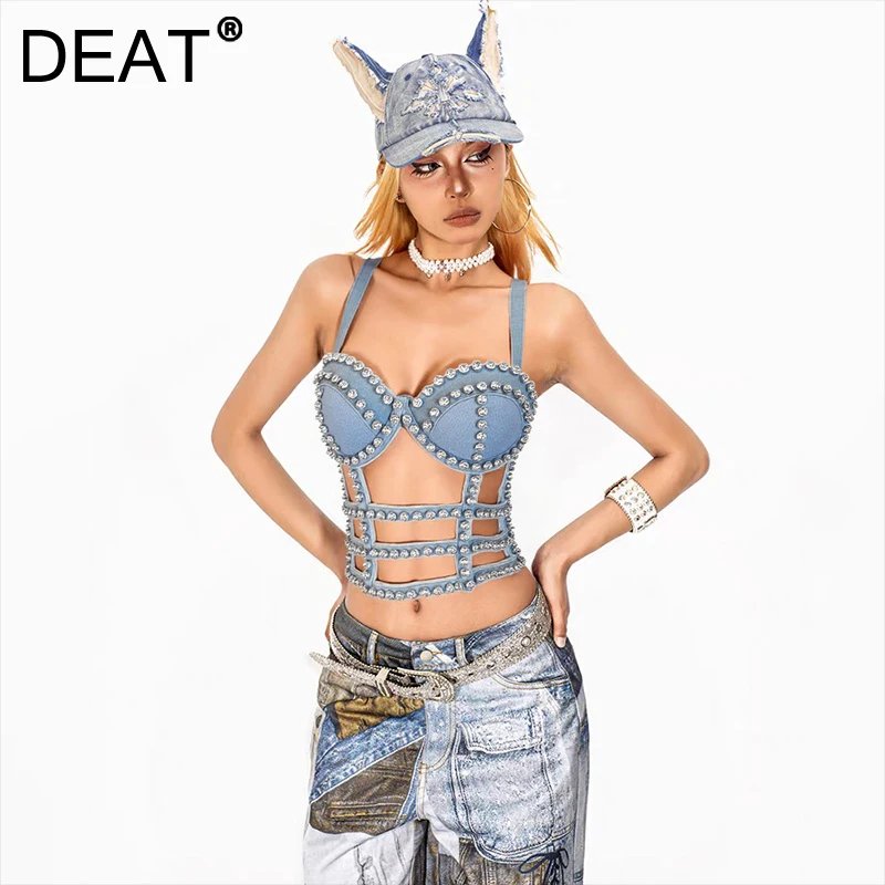 Diamond-Embellished Denim Corset Top