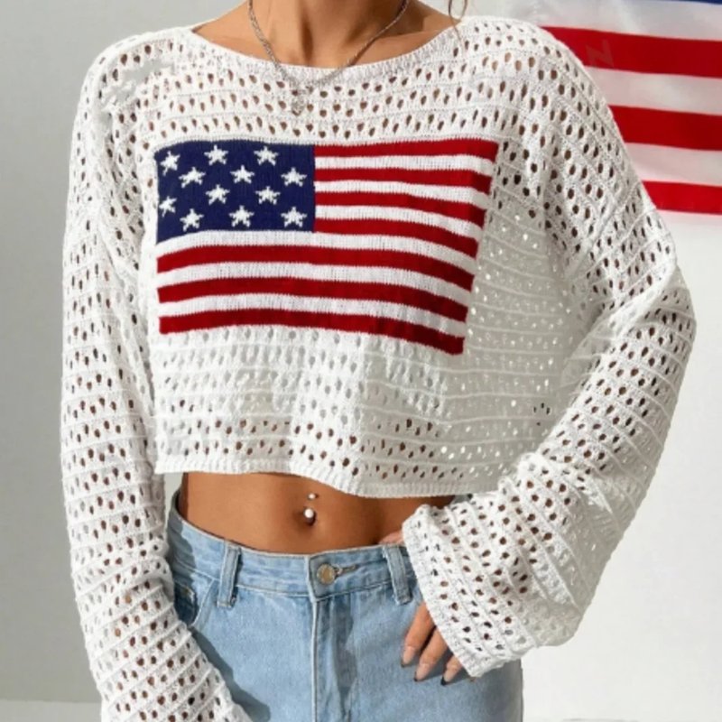 American Flag Cropped Knit Pullover