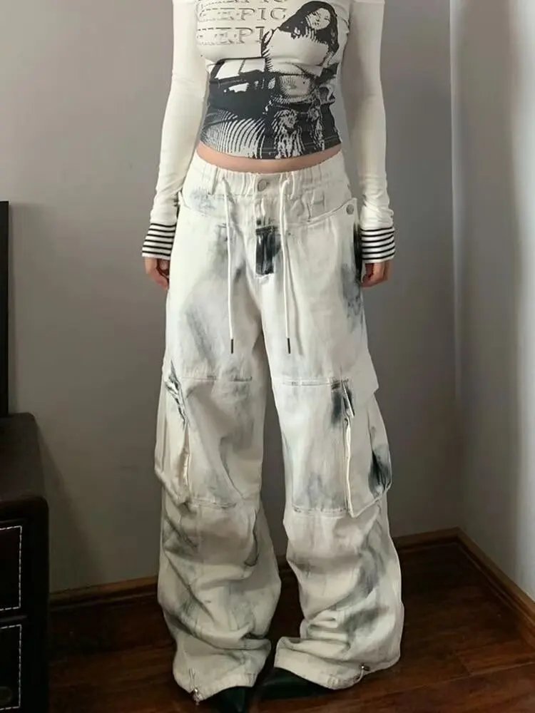 Trendy High Waist Tie-Dye Cargo Jeans
