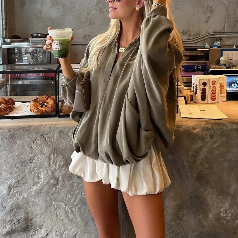 Chic Green Satin Bomber Jacket