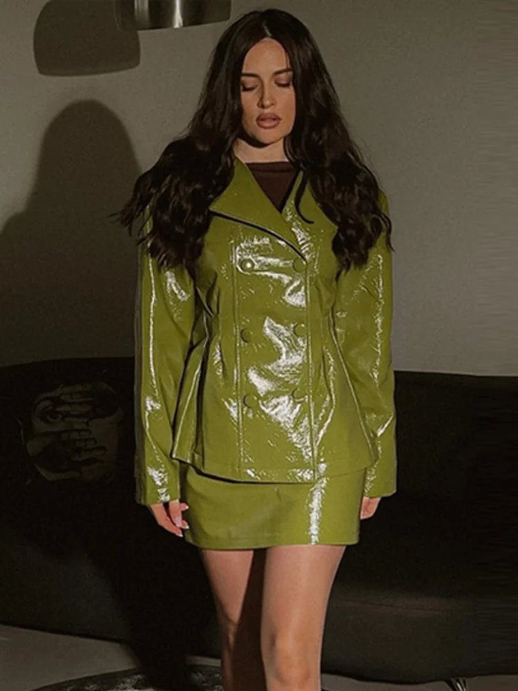 Chic PU Leather Skirt and Coat Set