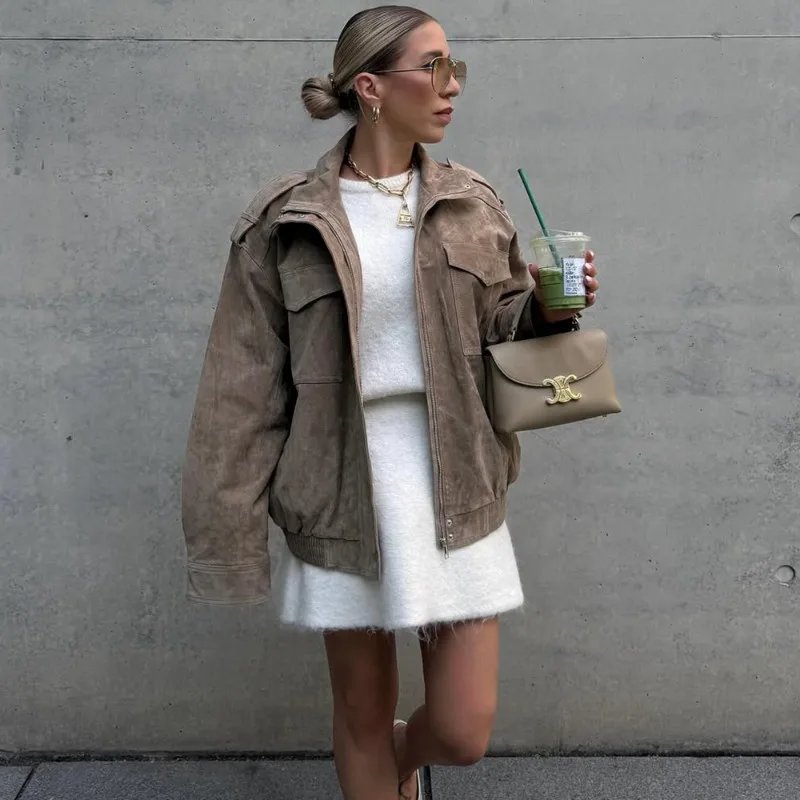 Vintage Suede Bomber Jacket for Women