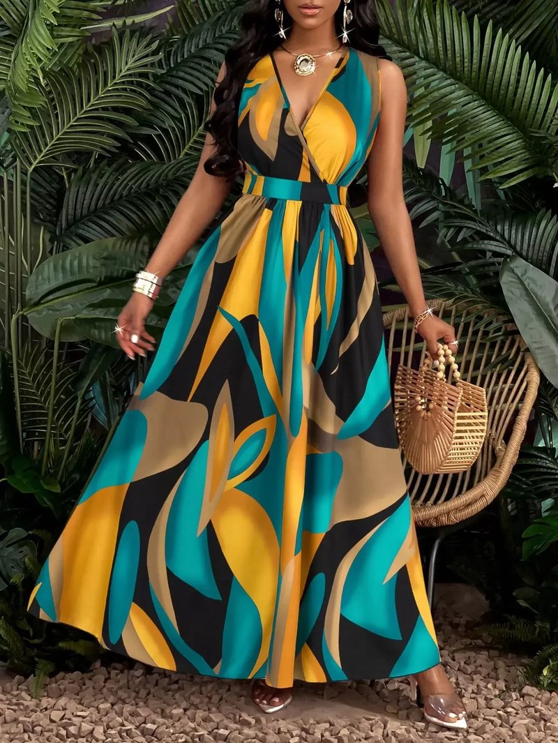 Tropical V-Neck Flared Dress
