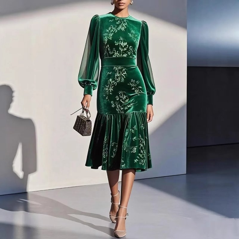Elegant Floral Velvet Party Dress