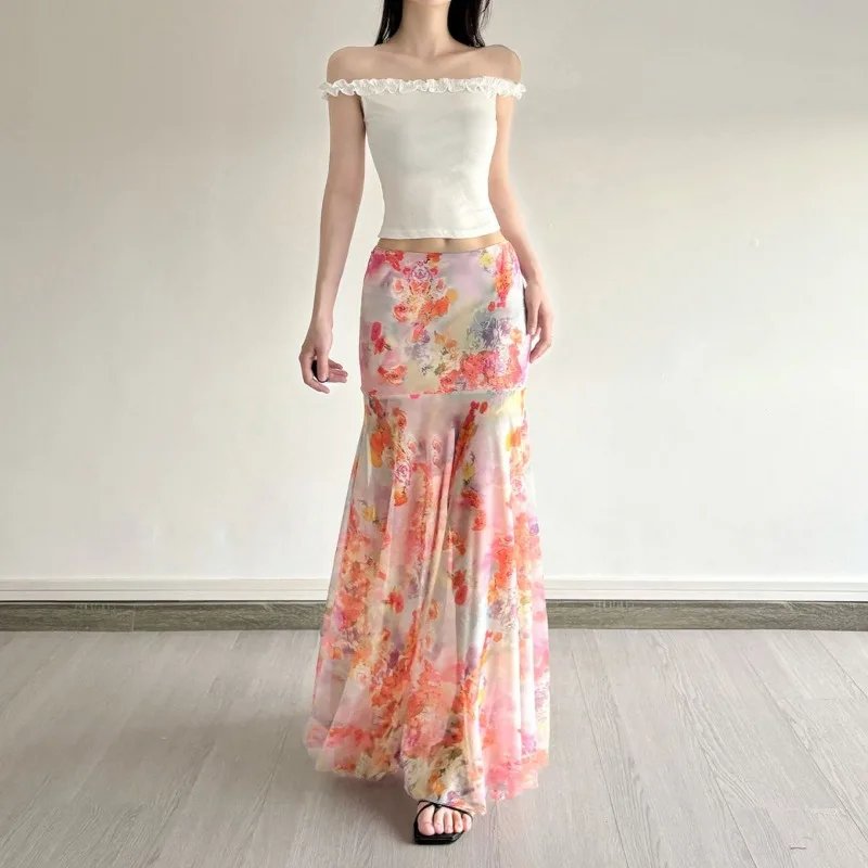Floral Print Mesh Fishtail Skirt