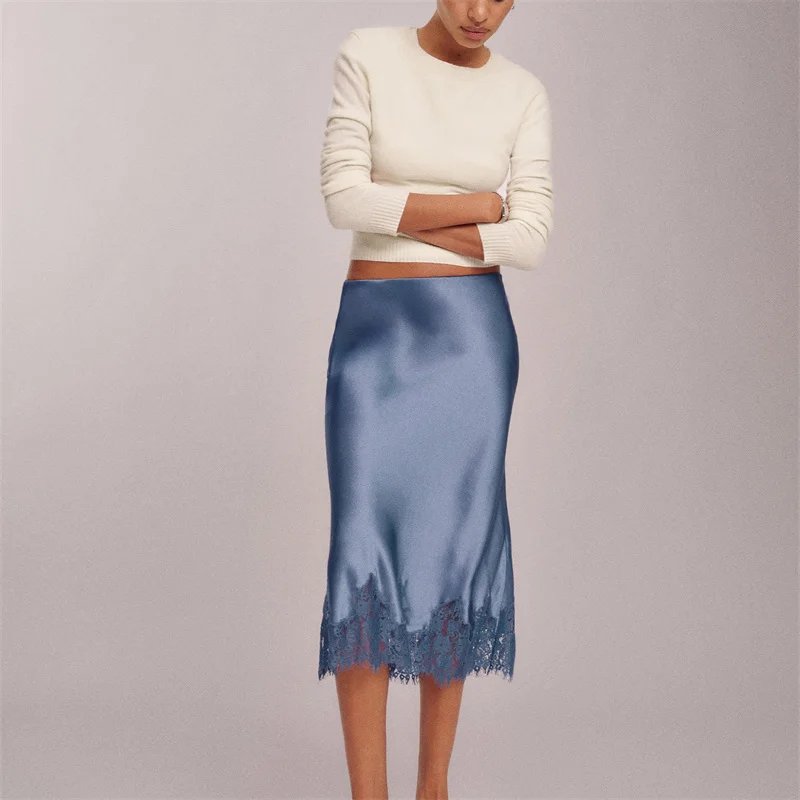 Elegant High Waist Lace Midi Skirt