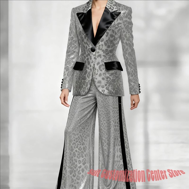 Elegant Sequin Leopard Print Blazer Set