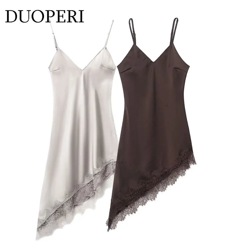 Elegant Lace Hem Asymmetrical Midi Dress