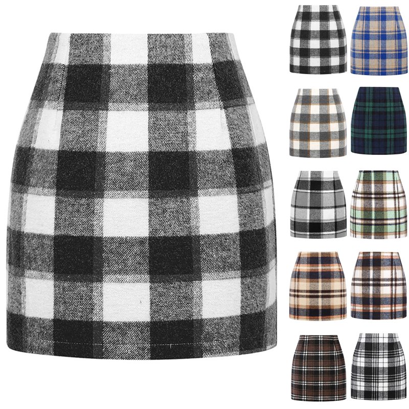 High Waist Plaid Wool Pencil Skirt