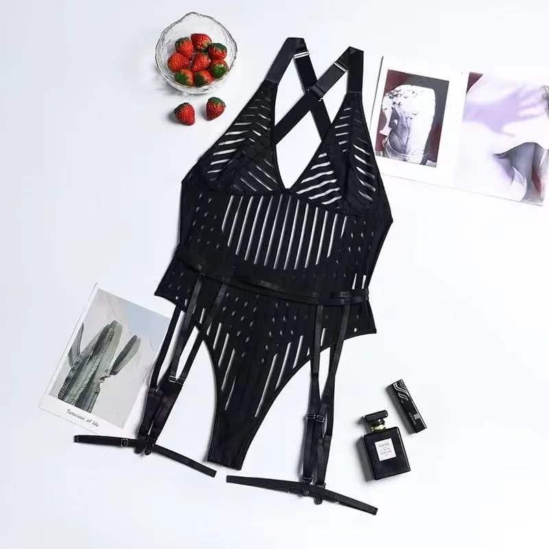Lace Striped Bodysuit with Garters