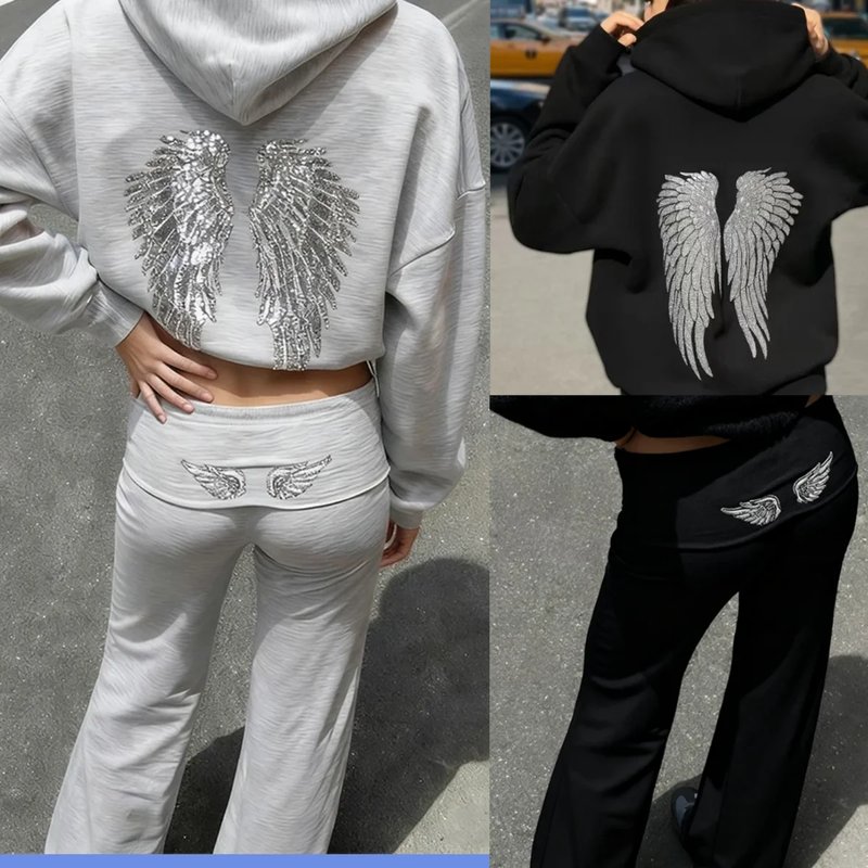 Retro Wings Print Hoodie and Pants Set