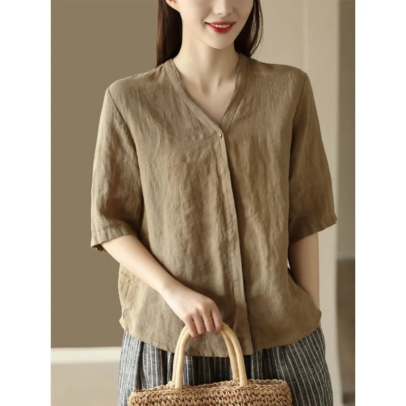 Vintage Sand Washed Linen V-Neck Top