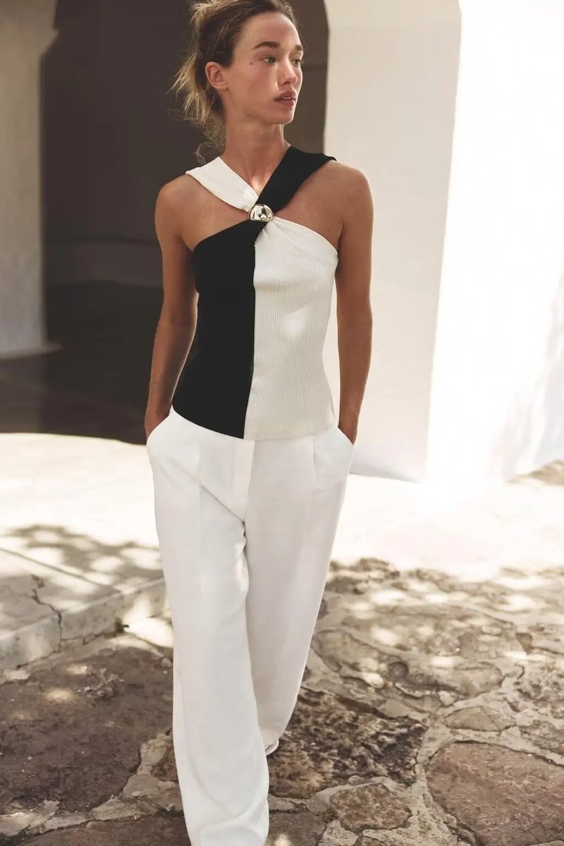 Chic Color Block Halter Blouse