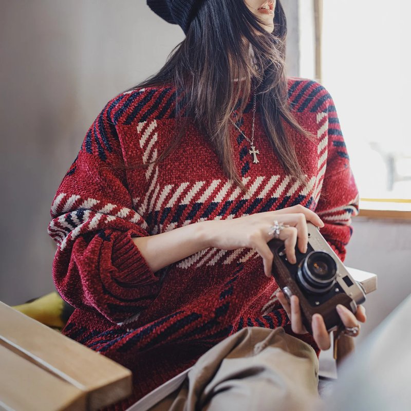 Cozy Chenille Plaid Knit Sweater