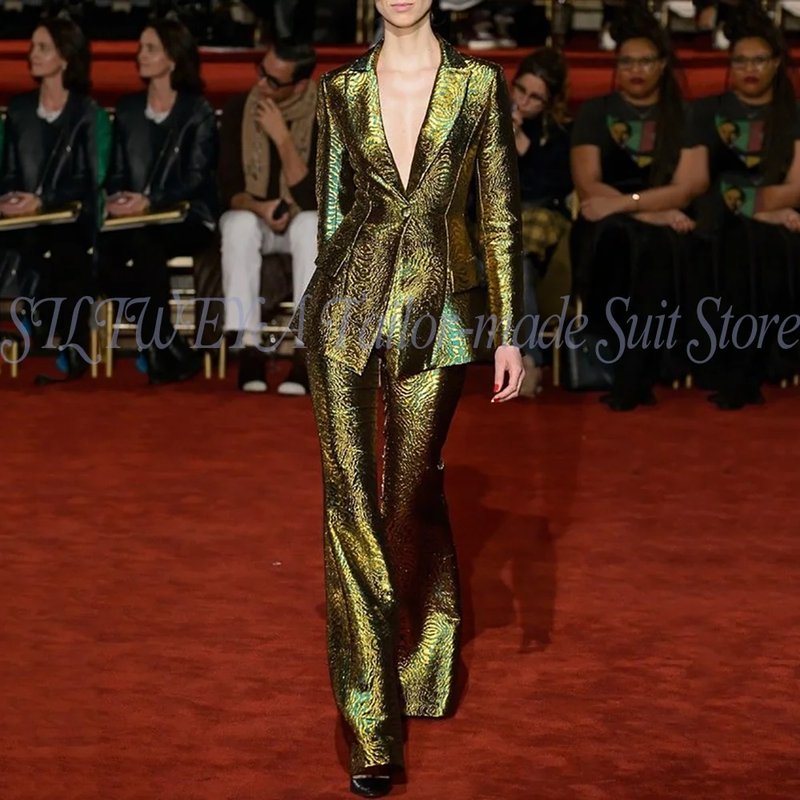 Elegant Gold Jacquard Blazer Set