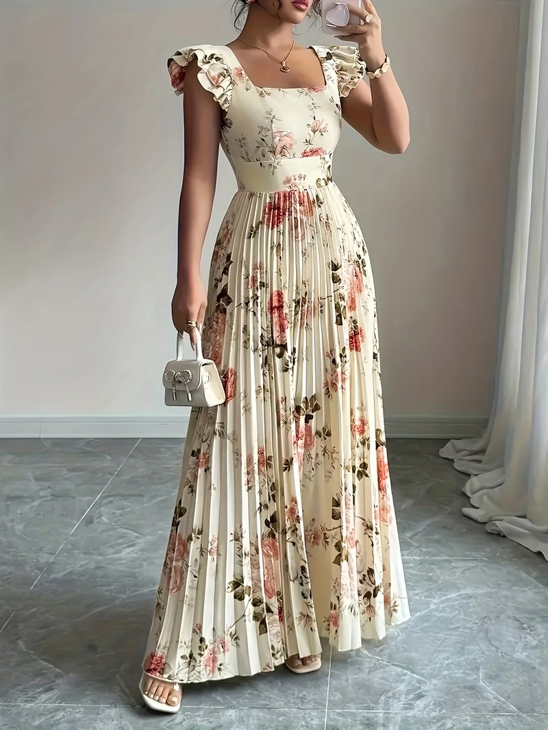 Chic Beige Floral Midi Dress