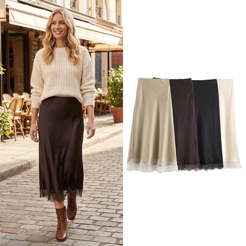 Chic Lace Hem A-Line Midi Skirt