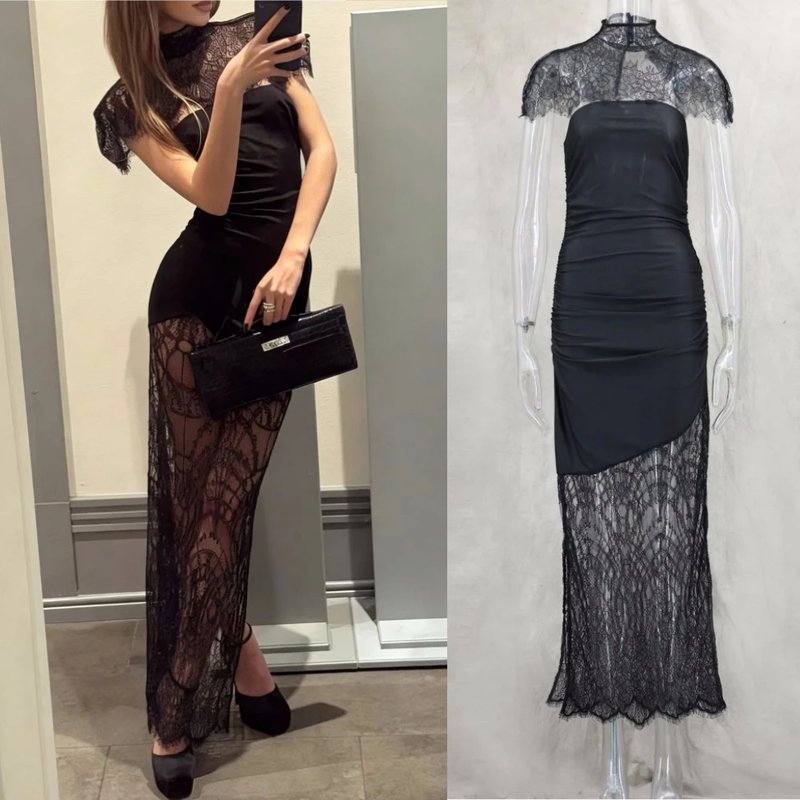 Elegant Black Lace Ruched Dress