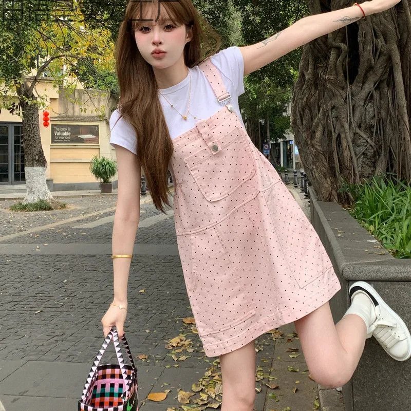 Cute Pink Polka Dot Pinafore Dress