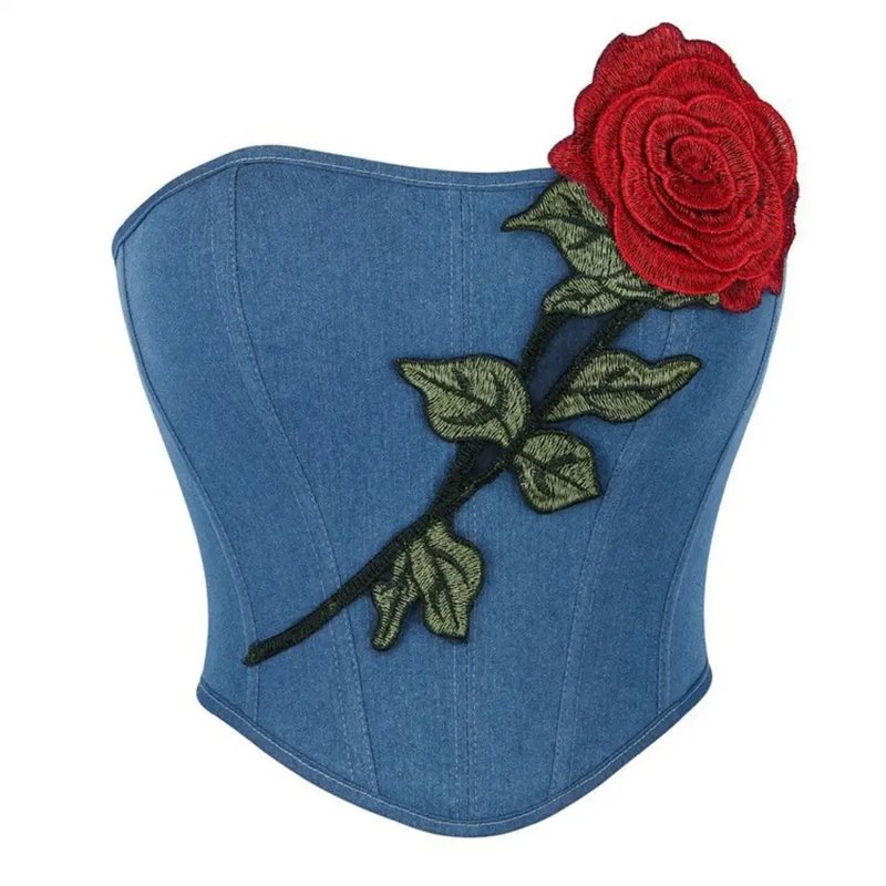 Embroidered Strapless Denim Corset