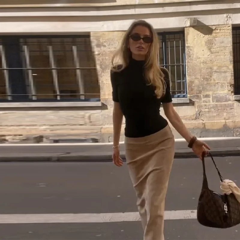 Chic Khaki Faux Suede Maxi Skirt