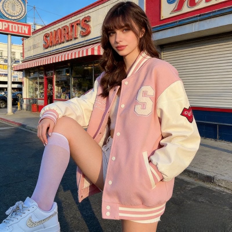 Vintage Pink Fleece-Lined Baseball Jacket