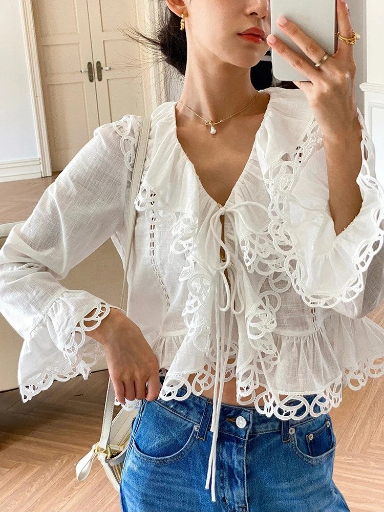 Boho Lace Trim Ruffle Blouse
