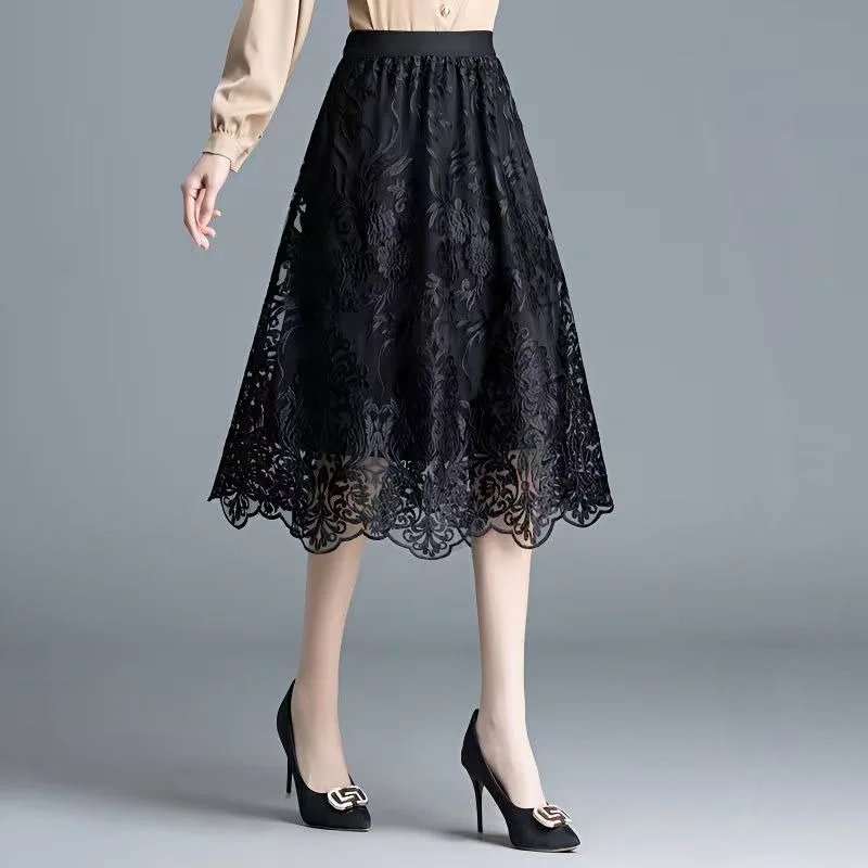 Elegant Black Lace Midi Skirt