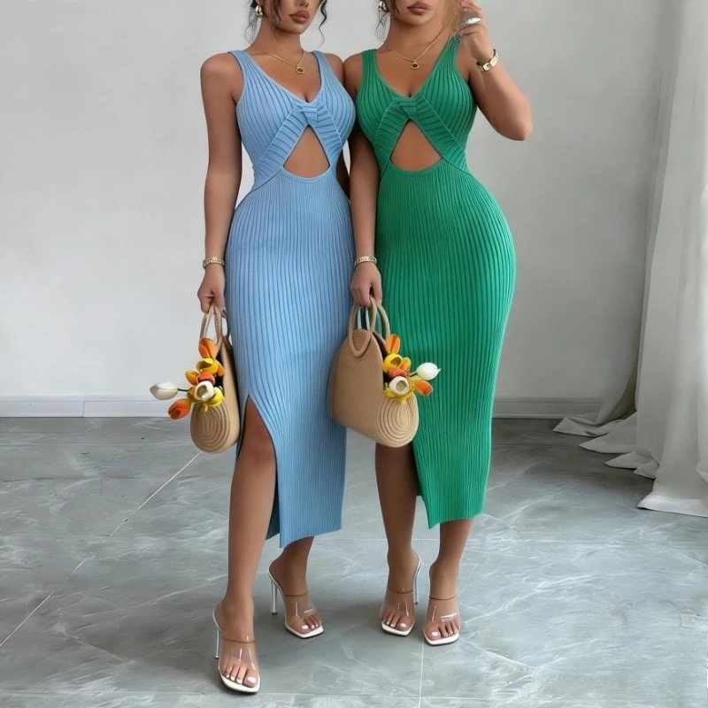 Chic Green Twist Front Midi Dress