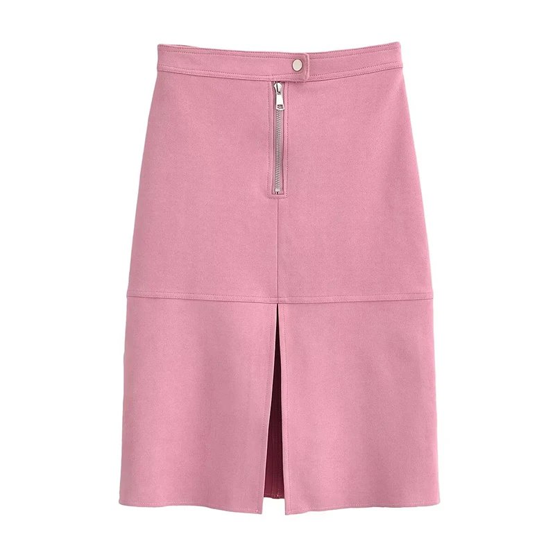 Elegant Pink Faux Suede Midi Skirt