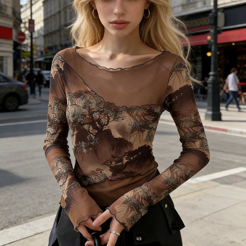 Vintage Sheer Landscape Print Top